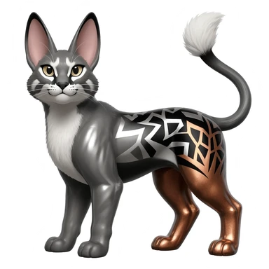 Realistic patterned marked edgy greyish blackish whitish silvery coppery Shiny Colorful Glossy Genet-Caracal-Lion-Bunny-Bobcat-fusion-animal-hybrid-creature, full body, big-tufted-bat-ears, long-thin-tufted-white-tipped-tail sticker