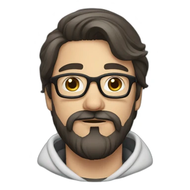 White man dark straight hair moustache and beard, wearing a hoodie, glasses sticker