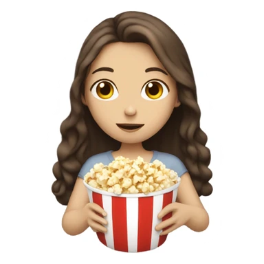 Girl with white skin and long brown hair, eating popcorn sticker