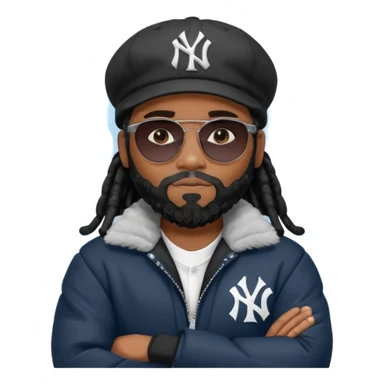African American man with shoulder length black dreadlocks with black beard wearing  dark black sunglasses with a black bubble winter coat wearing a New York Yankees baseball cap with arms folded on chest sticker
