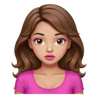 girl with long wavy brown hair, brown eyes, light to medium complexion, in a pink sexy top, pink puckered lips, long lashes, shrugging sticker