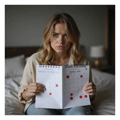 hyperrealistic 4K detailed image of a woman with hormonal imbalance, sitting on bed holding menstrual calendar, confused expression, red circles on some dates, domestic environment sticker