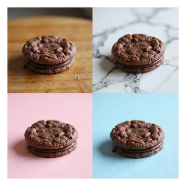 Create photorealistic images of a double chocolate cookie on four different backgrounds: a wood table, a marble countertop, a pastel pink background, and a blue gradient background. Maintain the realistic and detailed appearance of the cookie. sticker