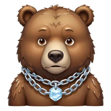 Serious realistic brown bear on all four legs wearing a thick chain made of ice around its neck, frozen chain links, stern expression sticker
