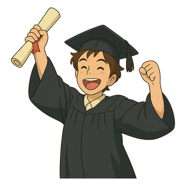 ghibli style successful graduate student, cap and gown, diploma, joyful expression sticker
