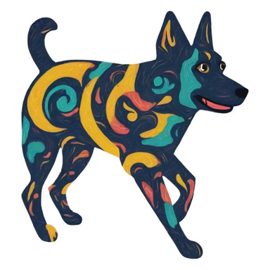 Abstract quirky funky made of different shapes dog running and squiggles linocut multicoloured illustrations  sticker