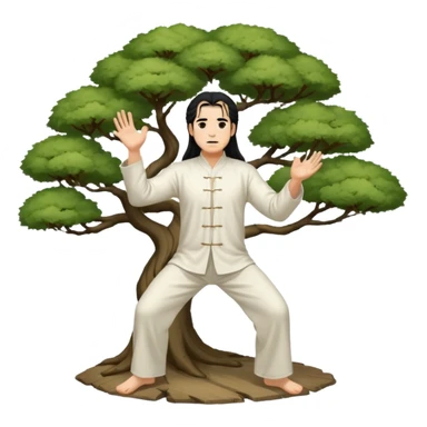 pratiquant de qi gong, homme aux cheveux long, en position de l'arbre, en tenue noire ou blanche sticker
