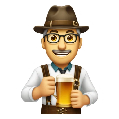 Person wearing a hat and lederhosen while holding a huge mug of beer and a pretzel sticker