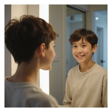 girl with short hair looking at herself in the mirror after a major haircut, expression mixed with pride and insecurity, modern bathroom, hyperrealistic 4K details sticker