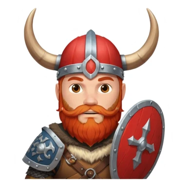 Norwegian Viking with red beard and helmet with horns. Holds a round shield with Norwegian pattern sticker