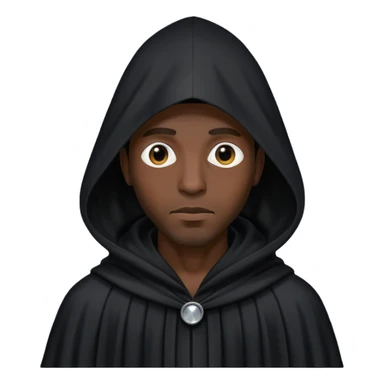 Black man wearing long black robe with tall, pointed hood. Entire face fully covered by black cloth, no facial features visible, only two small eye holes cut into the fabric. sticker