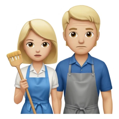 A blonde women cleaning a kitchen while her blonde husband scowls at her sticker