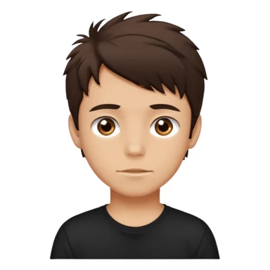 a light tan boy with messy dark brown hair. Wearing a black tshirt sticker