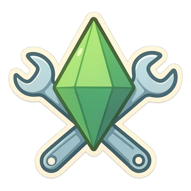 plumbob and wrench crossed like an emblem, chibi stickers style, cartoonish sticker