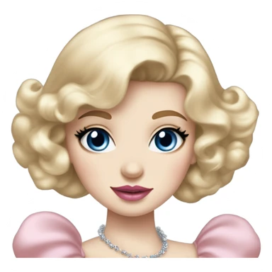 girl with blonde hair pale skin blue eyes. Pink lips blush Smokey eye (but not too much). Make her face. Vintage blowout not too curly but still.  princess dress, puffed sleeves and the choker necklace (think Versailles but not too much). sticker