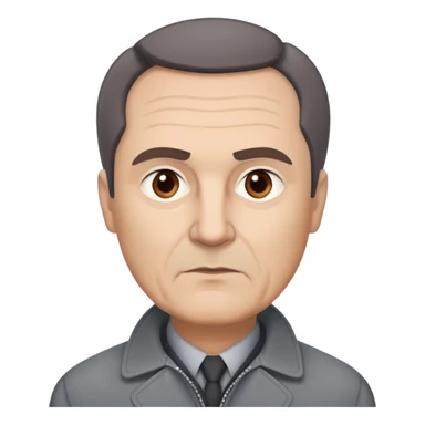 Actor in his 60s with light skin, round face, broad cheekbones. Expressive dark brown eyes, slightly arched thick eyebrows. Short brown hair combed to the side with visible receding hairline. Serious expression. Wearing a professional gray jacket. sticker