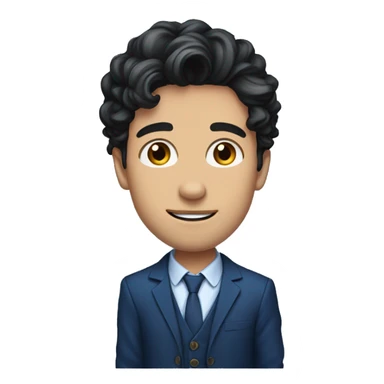 26 year old male portrait, small yes, black wavy hair, blue suits, sticker