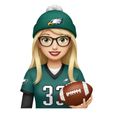 full length women wearing eagles uniform, long blonde hair, styled bangs, green eyes, black rectangle glasses, holding football, number 33, smiling, lipstick, eagles beanie sticker