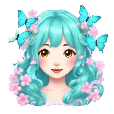 Gorgeous Shiny Pastel cyan Anime-Style Lady Butterflies flower petals leaves cottagecore fairycore pastelcore kawaii aesthetic trending style sticker