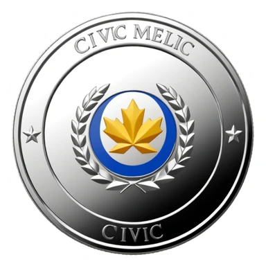 A silver coin type medallion with the words 'Civic Medallion' on it sticker