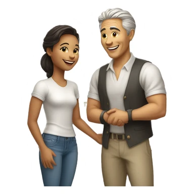 an old restaurant owner and young blogger in youth clothes, shaking hands, both with light skin, in great detail, in full height sticker