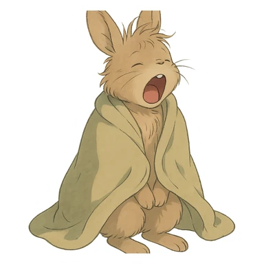 full-body pale brown bunny yawning with messy hair, blanket over shoulders, soft Ghibli style sticker