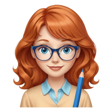 redheaded woman with very long wavy hair and bangs, blue eyes, clear cat-eye glasses, apricot silk blouse, pencil skirt, holding a pencil, smiling sticker