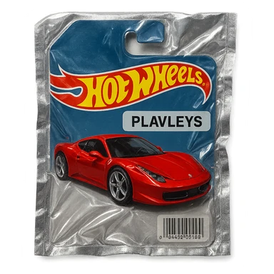 Hot Wheels packaging with a red Ferrari car labeled 'PLAVLEYS', glossy, no background sticker