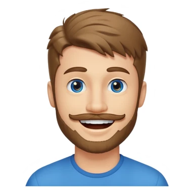 25 year old man, short scruffy beard and thin moustache, brown puffy mullet, blue eyes, big smile, white teeth, big lips, pronounced jaw, hair longer in back, sticking up on top, thin face sticker