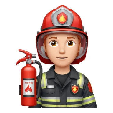 red haired Firefighter with respiratory protection with fire extinguisher sticker