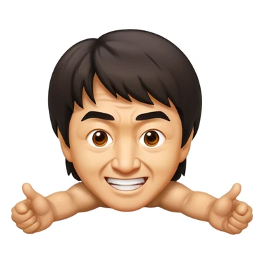 Cinematic Realistic Jackie Chan Pop Culture Emoji, depicted with playful agility and charismatic charm rendered with lifelike textures and vibrant, action‚Äêpacked lighting. sticker