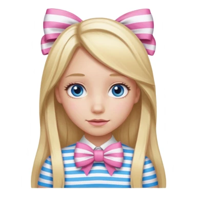blonde girl long hair middle part, blue eyes,at with a bow sticker