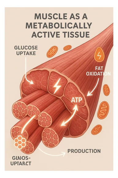 a highly detailed cross-section of human skeletal muscle fibers, shown in vibrant red and pink tones, with visible striations and realistic texture. Glowing arrows and animated icons represent active metabolic processes—such as glucose uptake, fat oxidation, and ATP production—occurring within the muscle tissue. Surrounding the muscle, floating symbols for mitochondria and energy highlight its metabolic activity. The background is clean and clinical, with subtle labels and infographics explaining that muscle is a metabolically active tissue. The overall style is modern, scientific, and visually engaging, suitable for educational or medical use. sticker