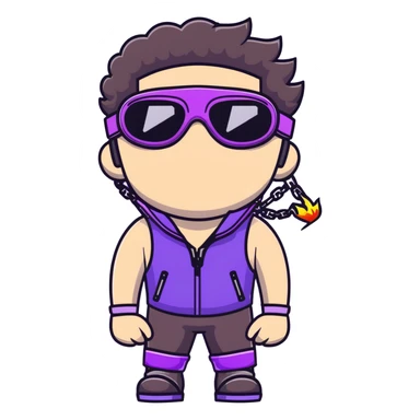 close-up of bad guy male athlete with white skin and moderately curly dark brown hair on top with shaved sides, wearing ski goggles with purple frames and very dark black lenses, a simple plain black chain necklace, and a completely unzipped sleeveless vest with purple and black sequin fire pattern design with no logo, with an extremely arrogant sneer on his face, looking menacing and villainous, exuding overconfidence and a threatening aura sticker