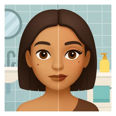Add a bathroom background behind the Latin girl with half her face clean and half with makeup. The style should resemble emoji style with simple, colorful, and concise features. sticker