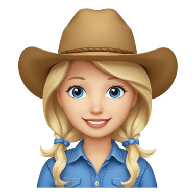 Create a girl emoji that has blonde hair, is white, has a cowboy hat on and blue eyee sticker