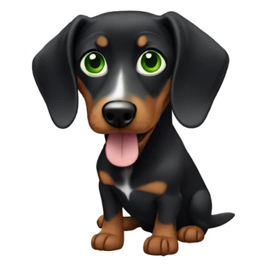 White Lebanese with green eyes holding a black dachshund sticker