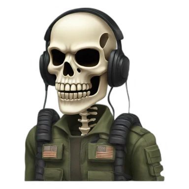 Military Skeleton mask with a long black mask underneath it and headset with a microphone sticker