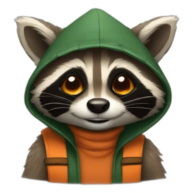 brown raccoon with orange eyes and a dark green hood that is laughing sticker