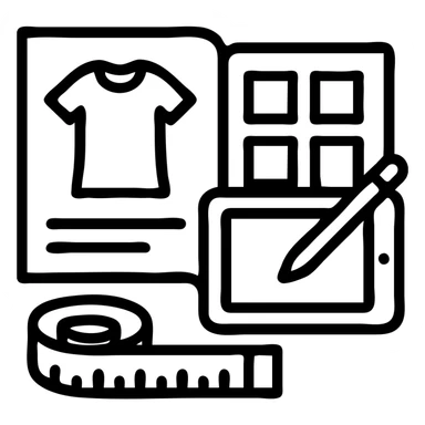 Minimalist vector icon representing fashion design management: an overhead view of a stylized open tech pack document showing a garment sketch, alongside a color swatch grid, a digital tablet with a pen, and a measuring tape curved into the shape of a semicircle. Use clean lines, soft neutral tones with one pop of color (like coral or teal), and geometric shapes. The icon should convey precision, creativity, and fashion process in a modern, professional style. Designed to be easily recognizable at small sizes. Yellow & black theme sticker
