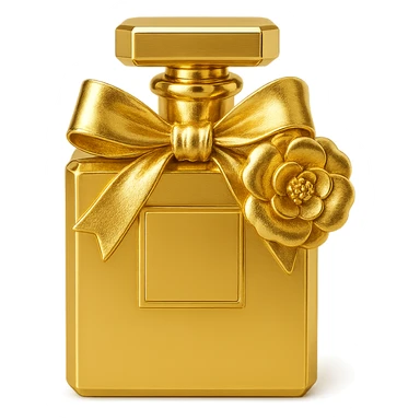 Chanel-inspired perfume bottle, metallic gold, with a ribbon and camellia flower, feminine and stylish sticker