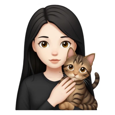 a  girl with black long hair with a brown tabby with black shirt sticker