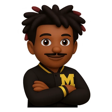 Change the mustache to a thin pencil mustache on the male African American emoji wearing a letterman jacket with an M on it, arms crossed and smiling. Keep the background transparent. The style is a male African American emoji with a letterman jacket and an M on it, arms crossed and smiling. sticker