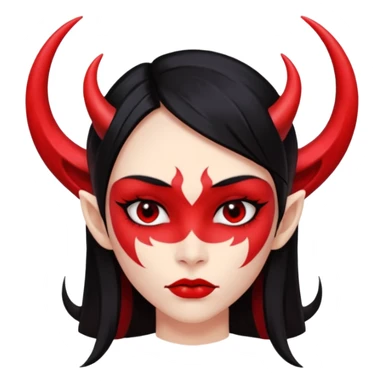 Head only demon girl; face with pronounced cheekbones and angular jaw; skin is uniform pure red (#FF0000) everywhere; long straight smooth black hair; small horns sticker
