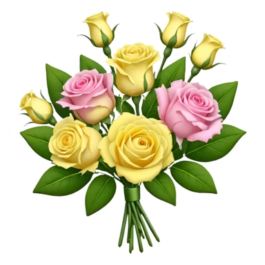A mixed bouquet of four flowers, featuring pink roses and yellow lisianthus. sticker