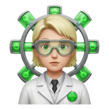 nuclear scientist portrait, head and shoulders only, wearing lab coat collar, protective goggles, glowing green radiation symbol badge, serious expression, sci-fi laboratory vibe, 3D cartoon, mobile game icon style, clean background, no text, no watermark
 sticker