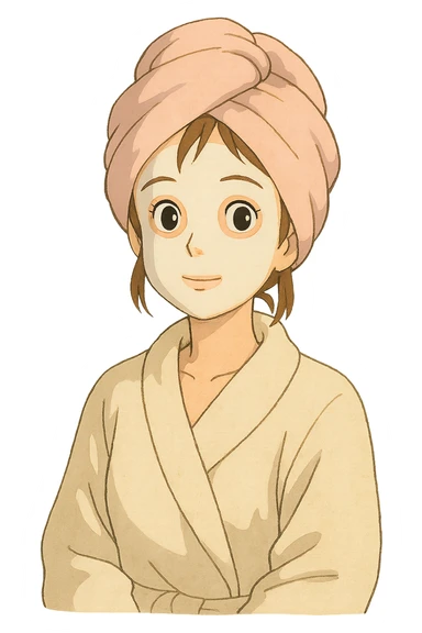 a girl with brown hair, wearing a bathrobe and a pastel pink towel turban, with a white facial mask, ghibli style sticker