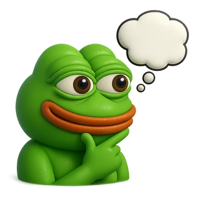 make a pepe in bright green smiling with thought bubble looking at right side in 3d style, good highlights and shadows, drop shadows sticker