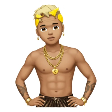 Chris Brown with blonde hair, dark brown sequin baggy pants, shirtless with necklace sticker