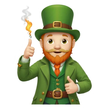 leprechaun looking up, and giving a thumbs up. on his left hand, he is holding his waist. change the hat band with orange band and a red belt. change the facial hair to white. on his mouth, he is smoking a red pipe. sticker